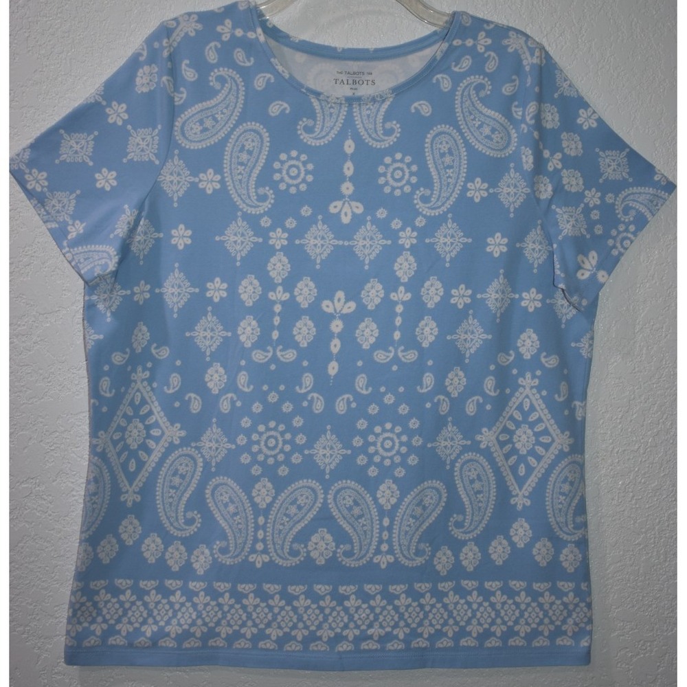 Talbots Tee Plus X Paisley Blue Short Sleeve‎ Cotton Stretch Comfortable Classic